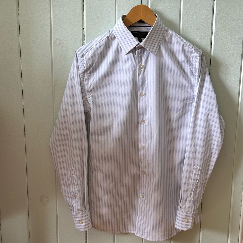 Banana Republic Factory White and Light Blue Stripe Dress Shirt XS